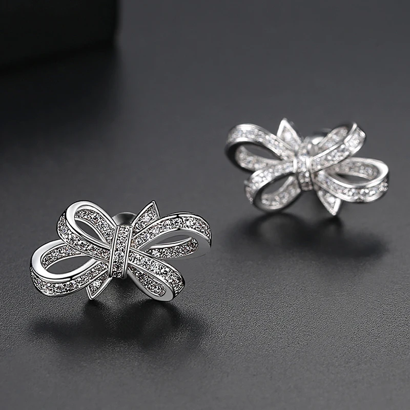 LUOTEEMI Romantic Bow-knot AAA Clear Cubic Zircon Stud Earrings for Women Bridals Wedding Cute Jewelry Fashion Christmas Gift