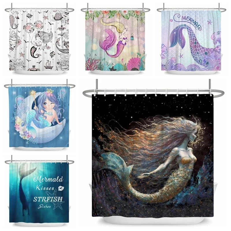 Mermaid Shower Curtains Seabed Coral Painting Girl's Room Art Curtains Partition Curtain For Bathroom Decor Curtain With Hooks