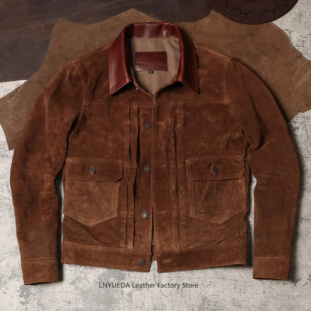 Men Vintage American Retro Washed Real Leather Jacket Amekaji Nubuck Cowhide 506 Genuine Leather Coat