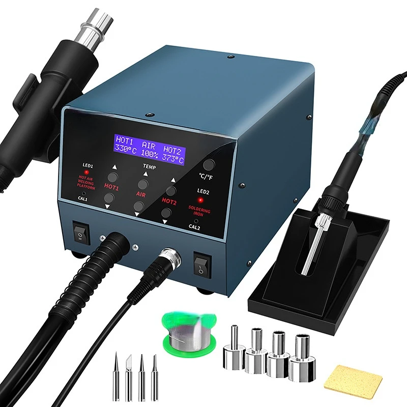 

Adjustable Temperature 2 in 1 ESD Soldering Station SMD Rework Station Hot Air Gun Soldering Iron Set for Repair Welding