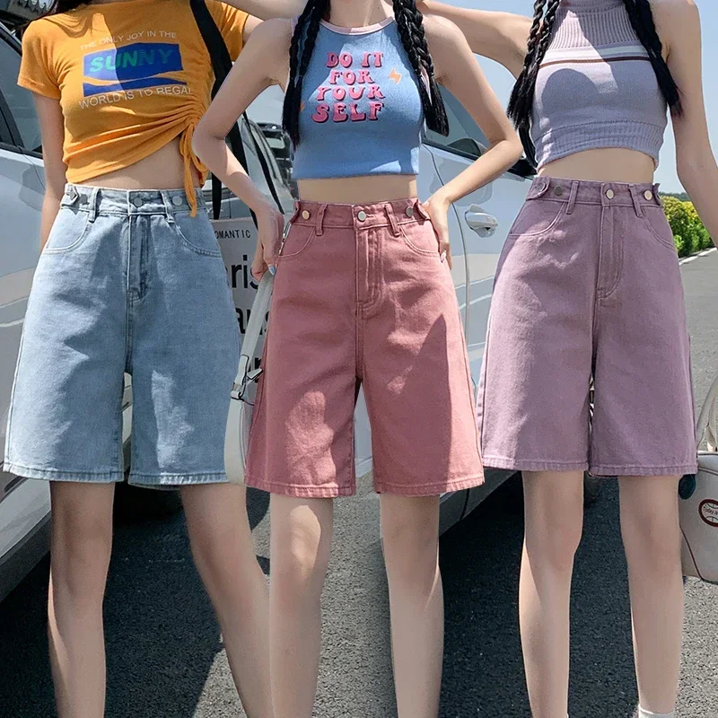 

HOT SALE Light Blue Washed Denim Shorts Distressed Hight Waist Pants Women Jeans No Ripped Summer Essential Fashion Baggy Jeans