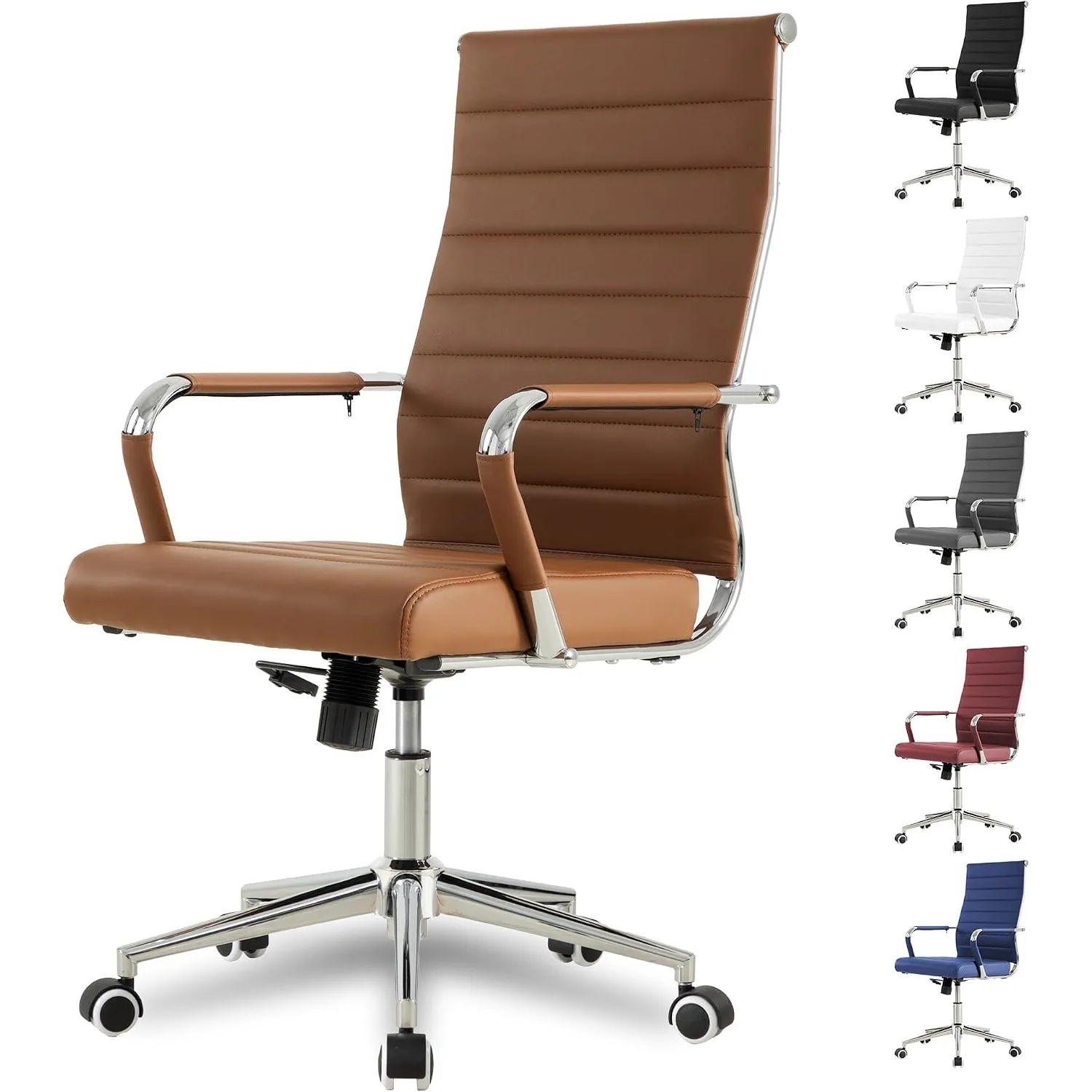 Okeysen Office Desk Chair, Ergonomic Leather Modern Conference Room Chairs, Executive Ribbed Height Adjustable Swivel Rolling Chair for Home Office. (Brown)