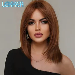 Lekker 무접착제 다크 브라운 짧은 늑대 컷 스트레이트 밥 인모 가발, 앞머리 포함, 브라질 레미 헤어 컬러 가발