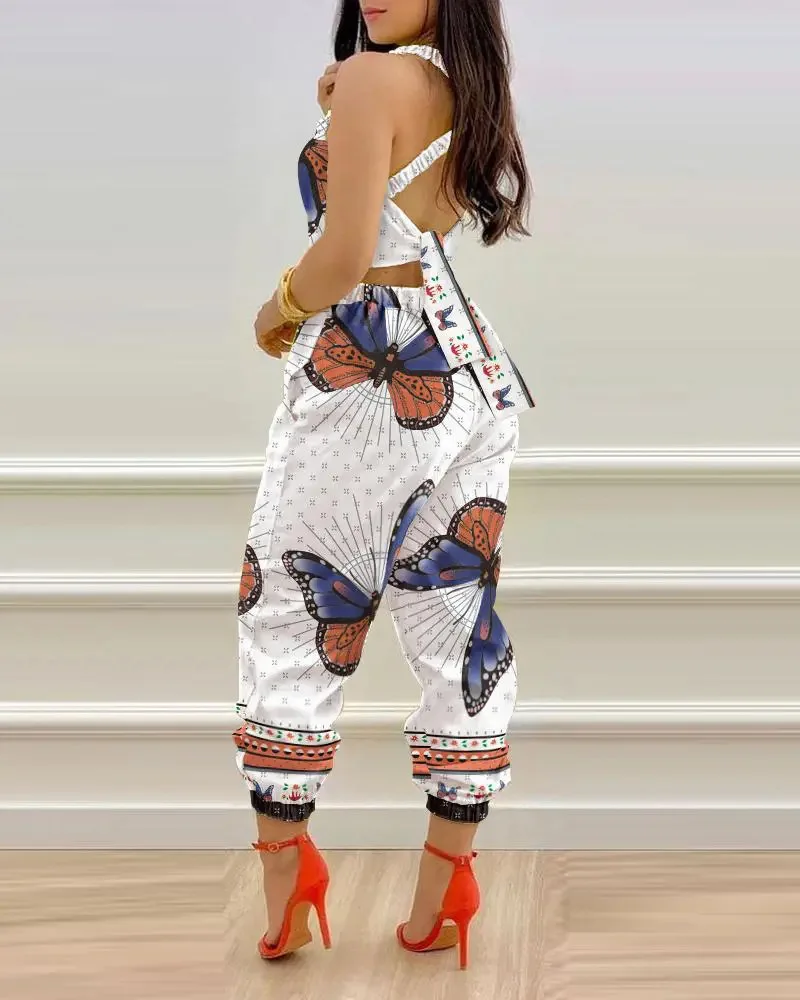 Kombinezony damskie z nadrukiem, jednoczęściowe, bez rękawów, wiązane, wkładane przez głowę, z kieszeniami, z wysokim stanem, spodnie, kombinezony, ogrodniczki, jesienne