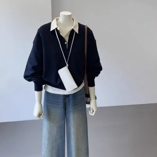 

Модная корейская синяя толстовка-обманка (имитация двухслойности) для женщин, свободного кроя, с длинными рукавами, из полиэстера и спандекса, повседневная, комфортная, для отдыха.