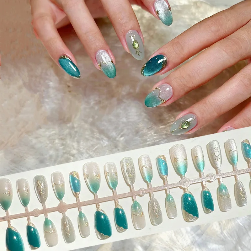 

24pcs Emerald Press on Nail Almond Retro Jadeite Celadon Artificial Fake Nails Seamless Removable False Nails