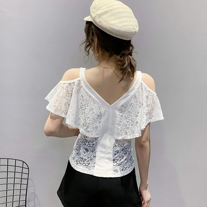 Fanshion Off Shoulder Lace Blouses Summer Women Sexy Streetwear Ruffles Blusas Femininas Korean Clothes White Black Ladies Tops