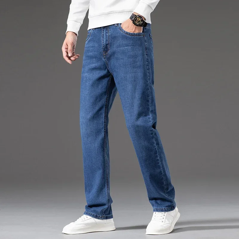 Весенне-осенние новые классические прямые мужские джинсы средней весы для делового отдыха, хлопковые эластичные брюки со средней и высокой талией