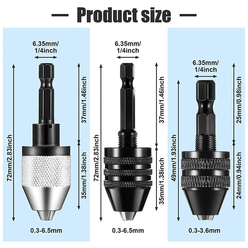 3 Pcs Keyless Drill Chuck 1/4 Inch Hex Shank Keyless Drill Chuck Converter Drill Adapter for Impact Drill Tool