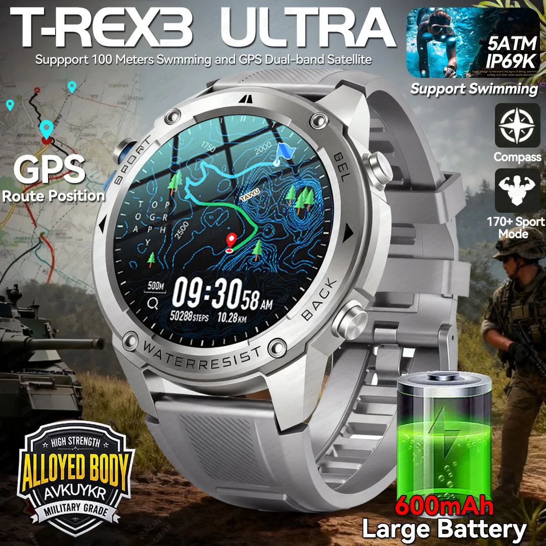 

New T-REX3 Military Grade Built-in GPS Position Smartwatches Men 10ATM Waterproof 170+Sport 600mAh Battery BT Call Bracelets IOS