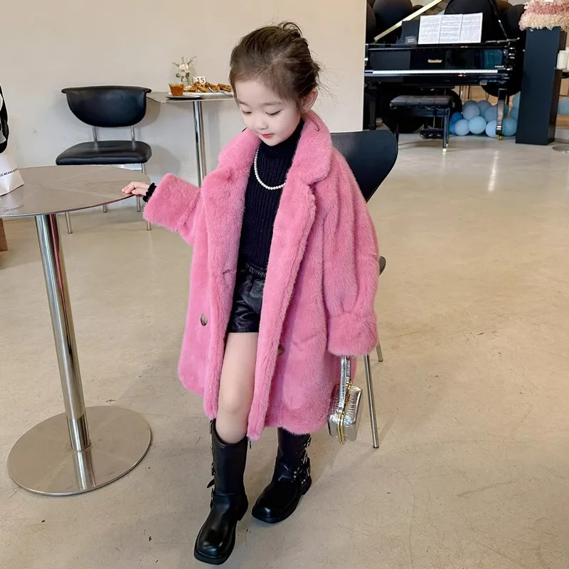 جديد الفتيات معطف الفرو الأطفال تقليد المنك معطف من جلد الغزال الفراء منتصف طول الشتاء العصرية مركب 100-160 سنتيمتر