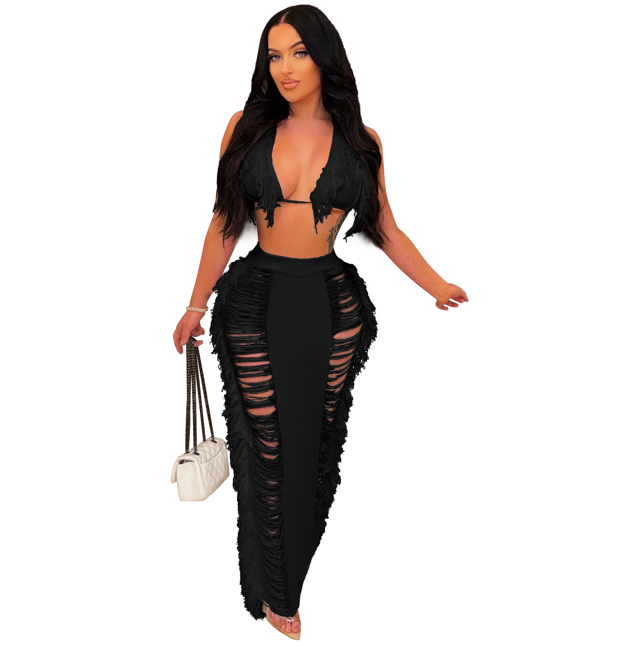 RT Sexy Women Knitted Set Two Pieces Set Halter Backless Bra Crop Top Pants Crocheted 2 Pieces Set Hollow Out Crochet Beach Set