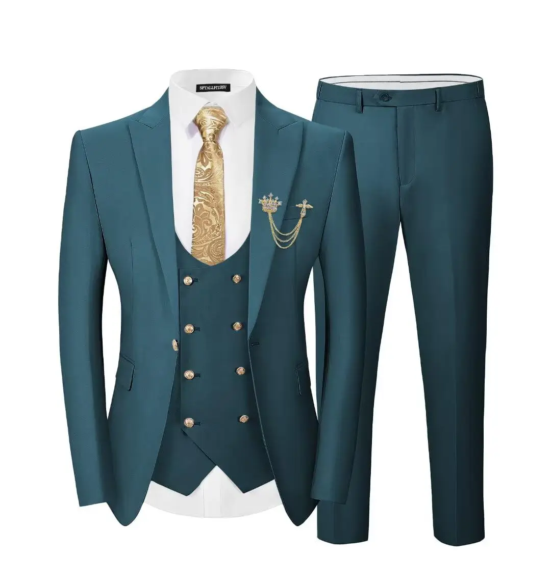 

3 Pcs Men's Custom Made Double Breasted Suit Set with Pants And Vest Fashion Casual Boutique Business Groom Wedding Blazer Coat