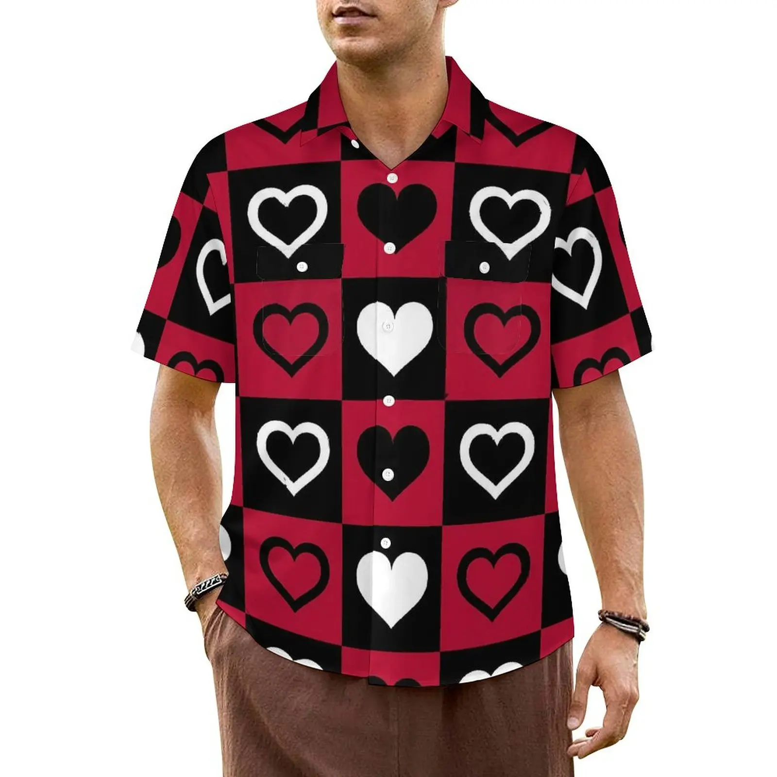 

Summer Shirt Vacation Red And Black Check Print Blouses Heart Vintage Casual Shirts Male Short Sleeve Comfortable Plus Size Top