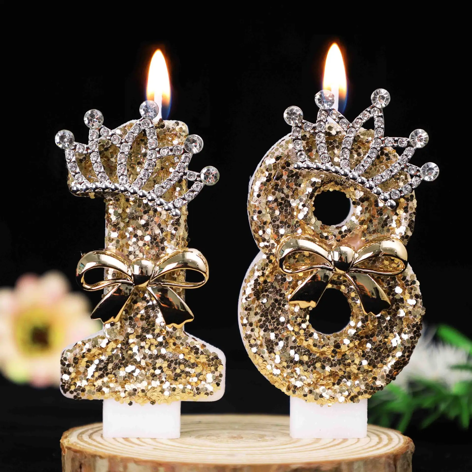 Unity Candle Set - เทียนวันเกิดรูปมงกุฎประดับกลิตเตอร์สีทอง 0-9, ที่ประดับหน้าเค้กรูปโบว์ประดับเพชรสำหรับวันเกิดครบรอบ 18 ปี, งานปาร์ตี้,