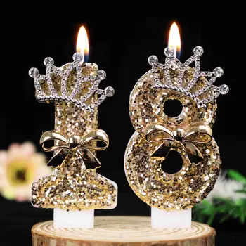 0-9 Gold Glitter Crown Number Birthday Candles, Rhinestone Bow Cake Topper for 18th…