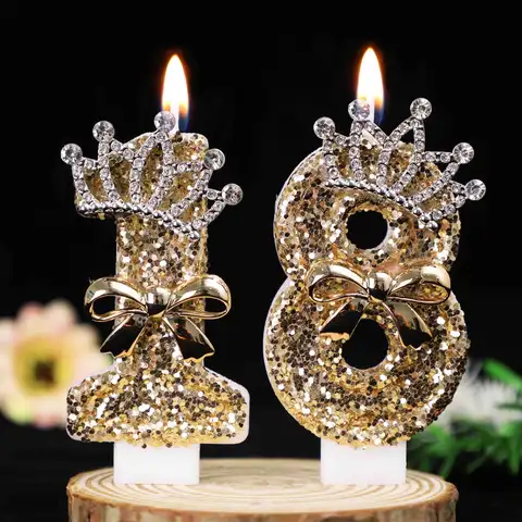 0-9 Gold Glitter Crown Number Birthday Candles, Rhinestone Bow Cake Topper for 18th Birthday, Party, Wedding, Anniversary Decor