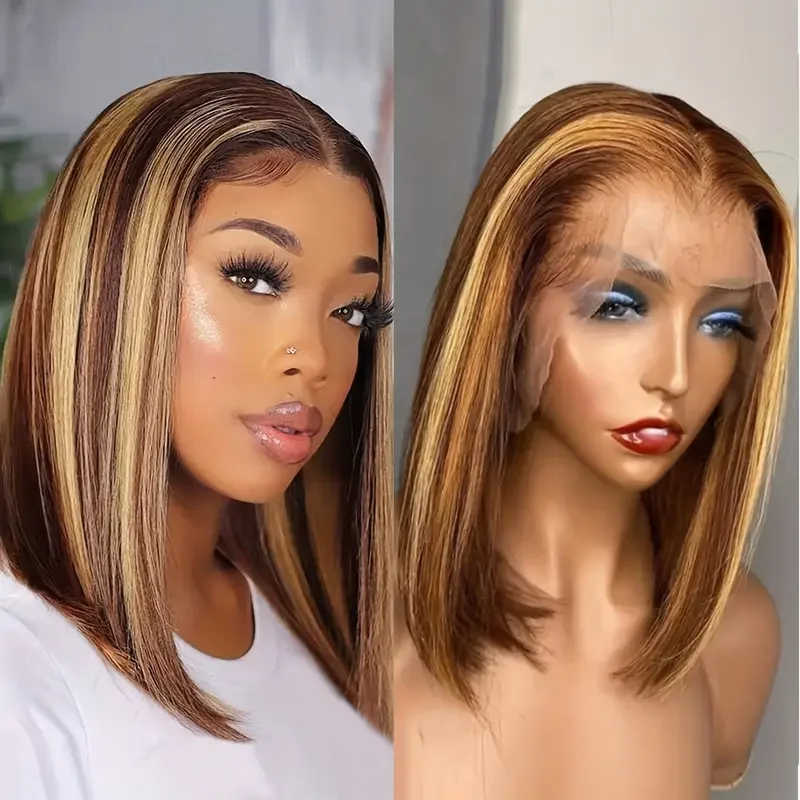 

13x4 Highlight Bob Straight Transparent Honey Blonde Lace Front Wigs Human Hair 220Density Ombre Lace Frontal Wig For Women4/27