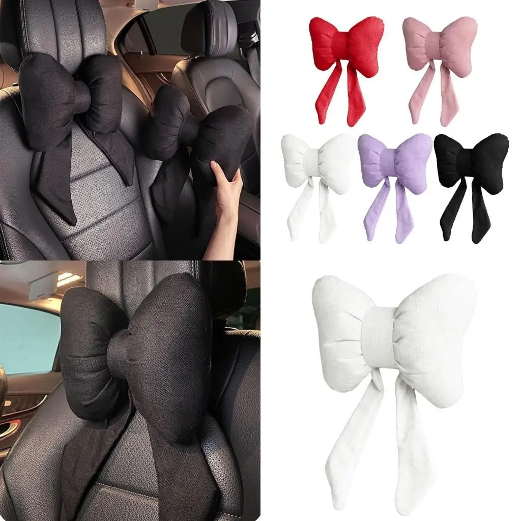 

02DE Car Headrest Pillow, Car Pillow for Driving with Adjustable Strap, Bowknot Travel Car Neck Pillow Support