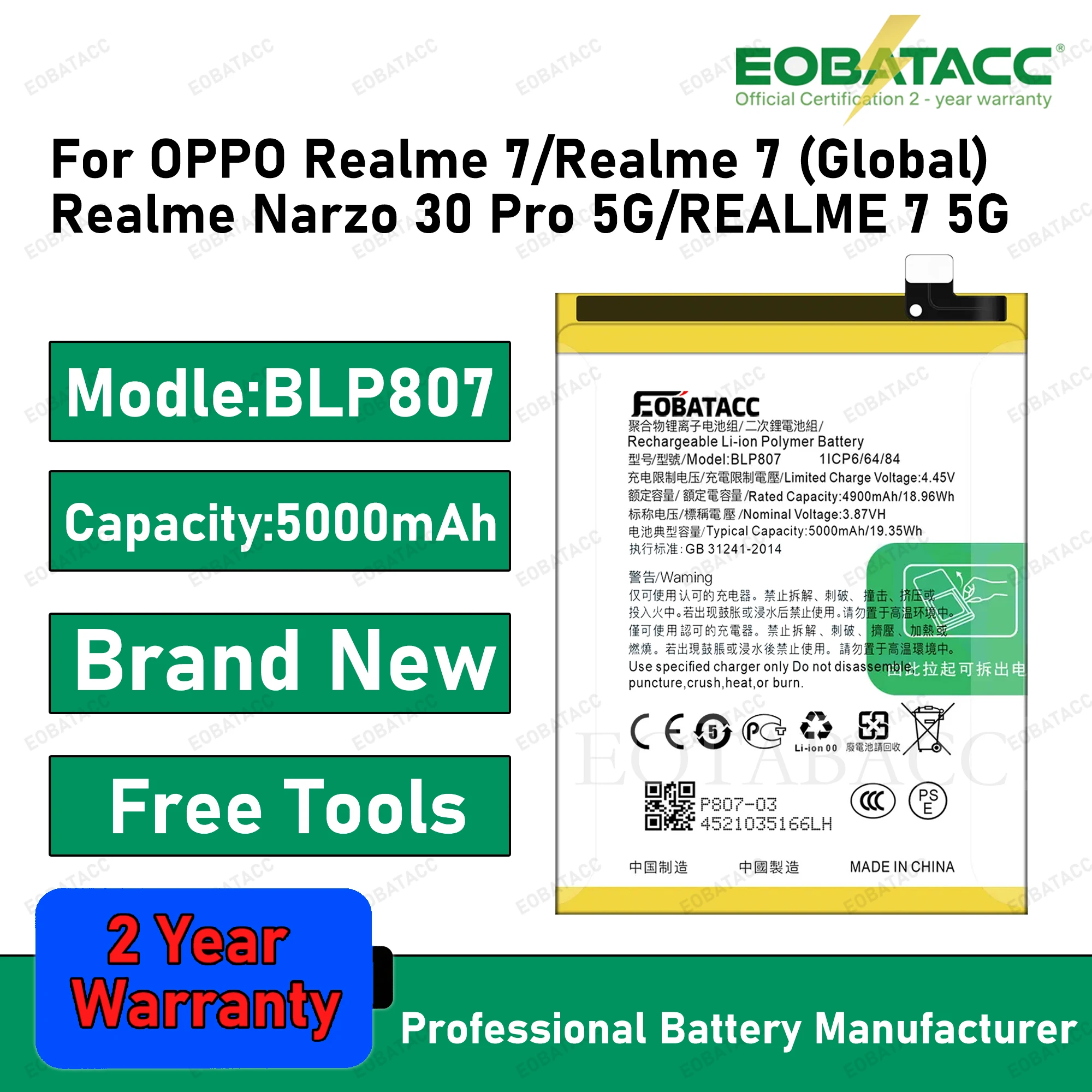 

2025 Years EOBATACC 100% New BLP807 Battery For OPPO Realme 7/Realme Narzo 30 Pro 5G/REALME 7 5G Batteries+Free Tools