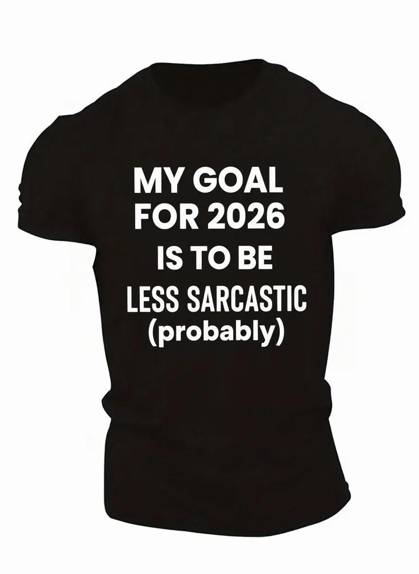 

Men's Casual Short Sleeve Graphic Tee - "My Goal For 2026 Is To Be Less Sarcastic (Probably)" Slogan Print Black Crew Neck