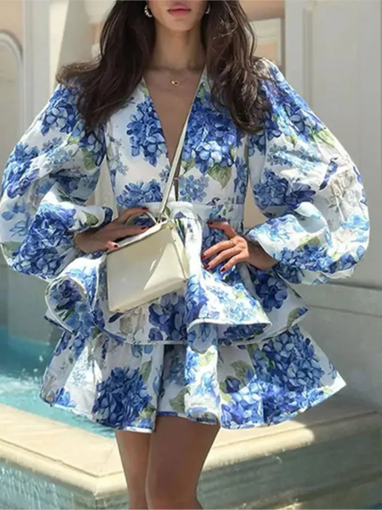 Autumn Printed Ruffled Hem Deep V-neck Puffy Mini Dress Women Long Sleeve Elegant Vacation Party Short Dresses 2025 Spring Robe - Image 5