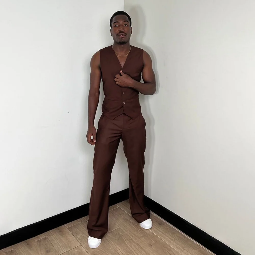 

2 Pieces Men's Suit Set Sleeveless Jacket Pants Prom Party Tuxedos Casual Male Clothing Terno Masculino Completo