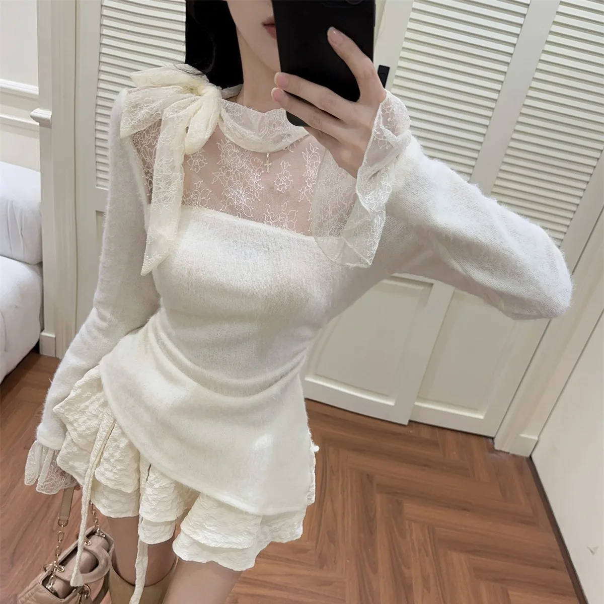   Knoten Spitze Spleißen Gestrickte Glocke Sve Top ort Rock Set frauen Faion Herbst Winter Neue Ankunft Süße Sle