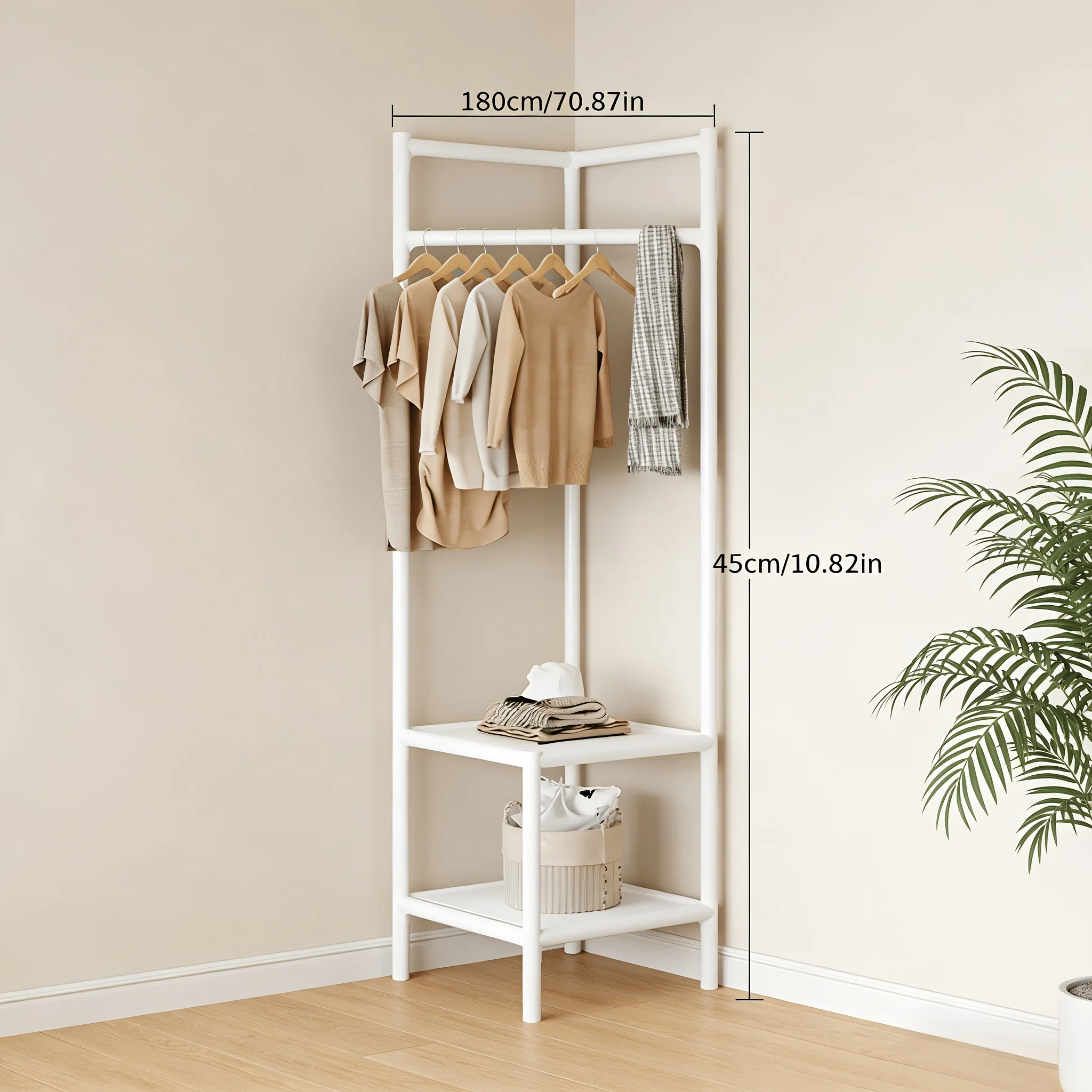 

Corner coat rack with shelves; freestanding 2-tier or 3-tier corner storage unit; multifunctional corner coat rack with hanging rail; suitable for entryways, bedrooms, and bathrooms; available in white or black.