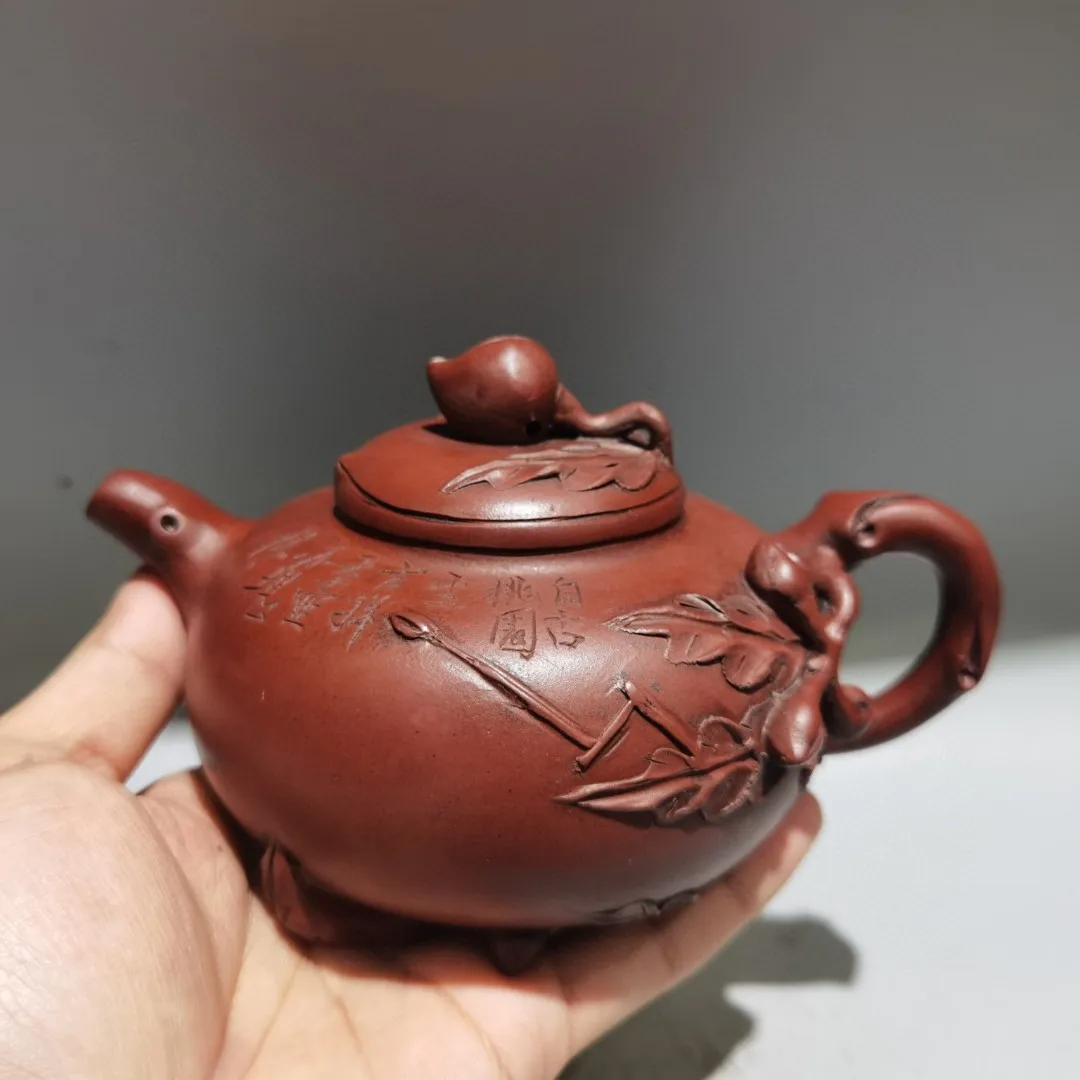 

7"Chinese Yixing Purple Clay Pot Longevity peach Peach blossom pattern Teapot Kettle Amass wealth Ornaments Town house