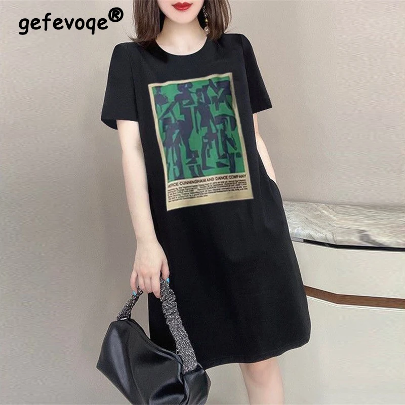 

Korean Fashion Print Streetwear Cotton T Shirt Dresses for Women 2023Summer Y2K Simple Casual Short Sleeve Loose Midi Dress Ropa