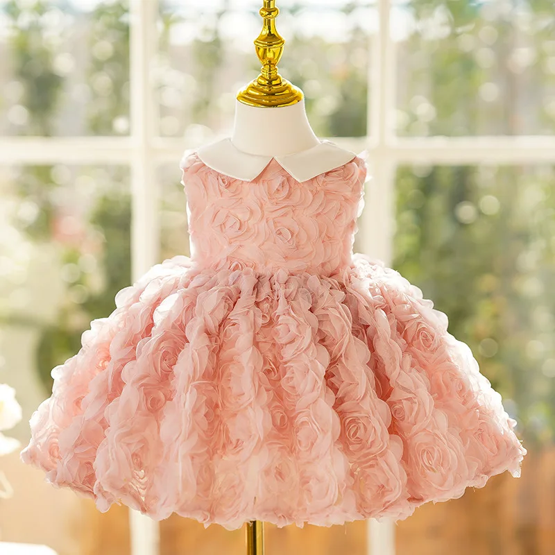 Formal Luxury Girls' Pink Princess Dress Flower Girl Wedding Pink rose petals French Children's Puffy Dress Elegant Party Dress