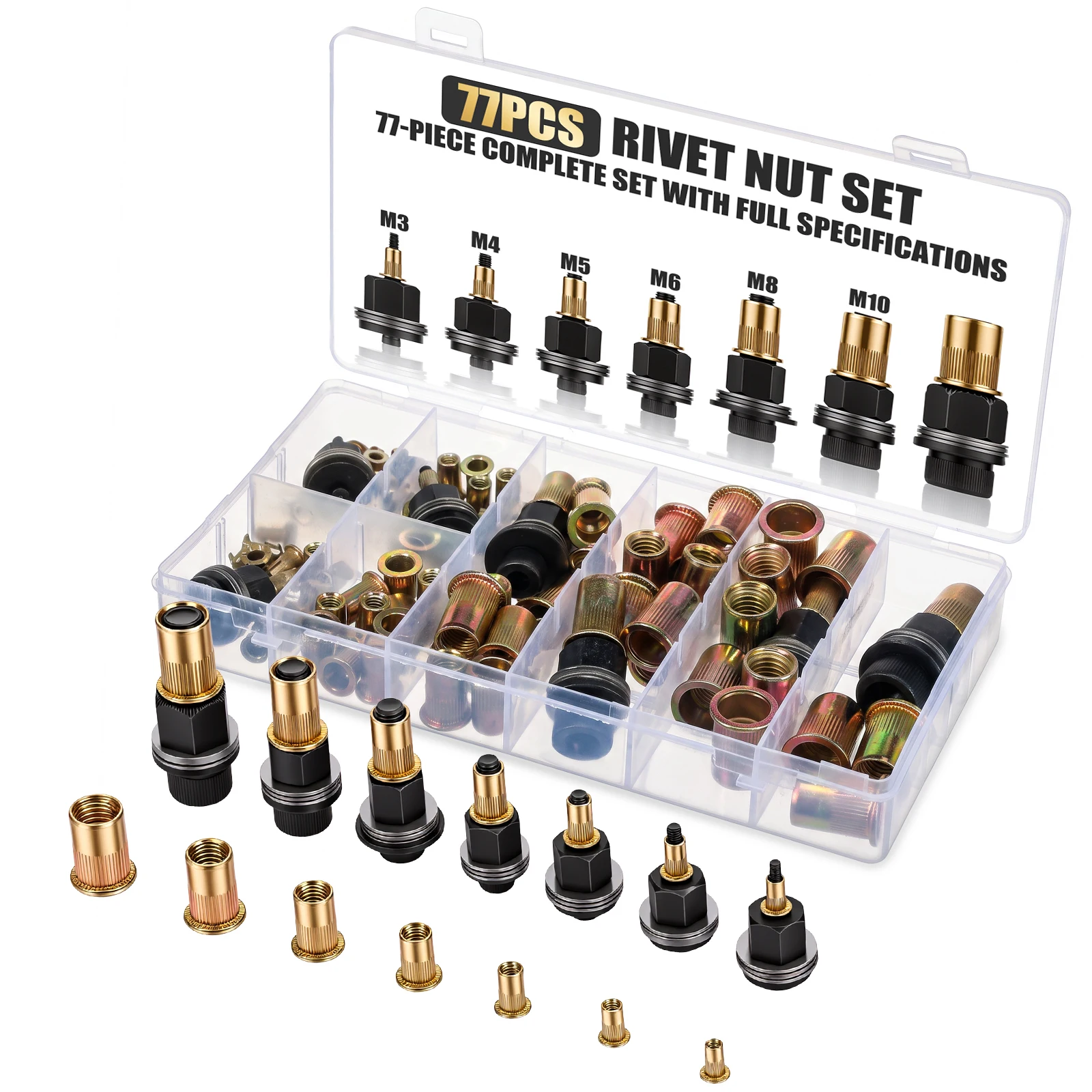 Rivet Nut Mandrel Set M3 M4 M5 M6 M8 M10 M12 77pcs Threaded Insert Nuts Carbon Steel Mandrels For Sheet Metal Auto Repair