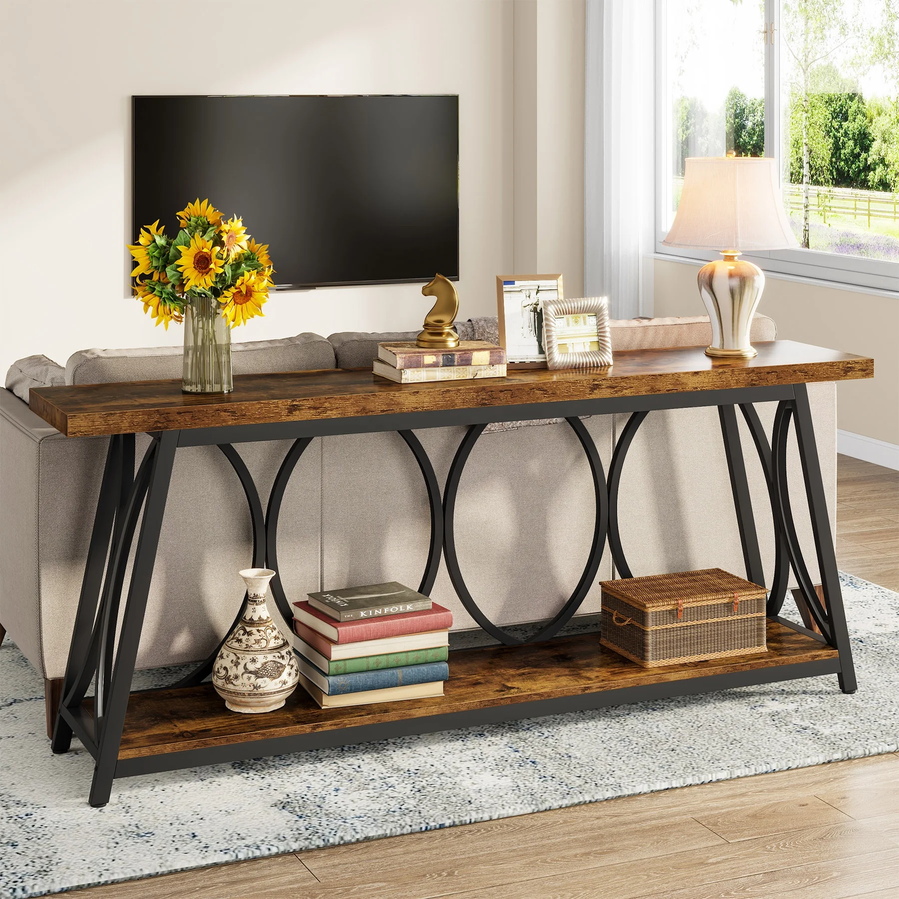 # 70.9 Inch Extra Long Convertible Console Table Modern 2-Tier Storage Shelf Living Room Furniture Entryway Hallway