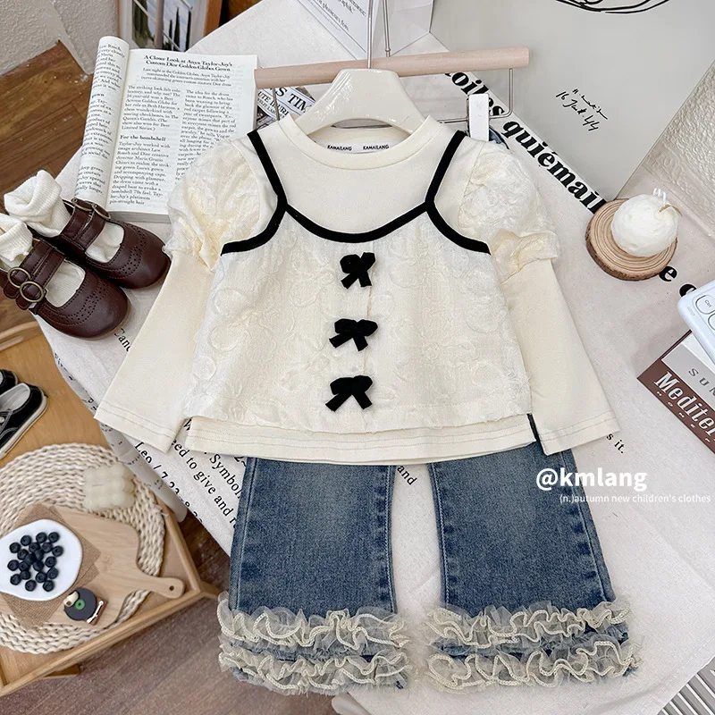 Girls Suit 2024 Autumn New Childrens Clothing Elegant Stylish Blouse Halter Two-piece Set Advanced Leisure Simple Match