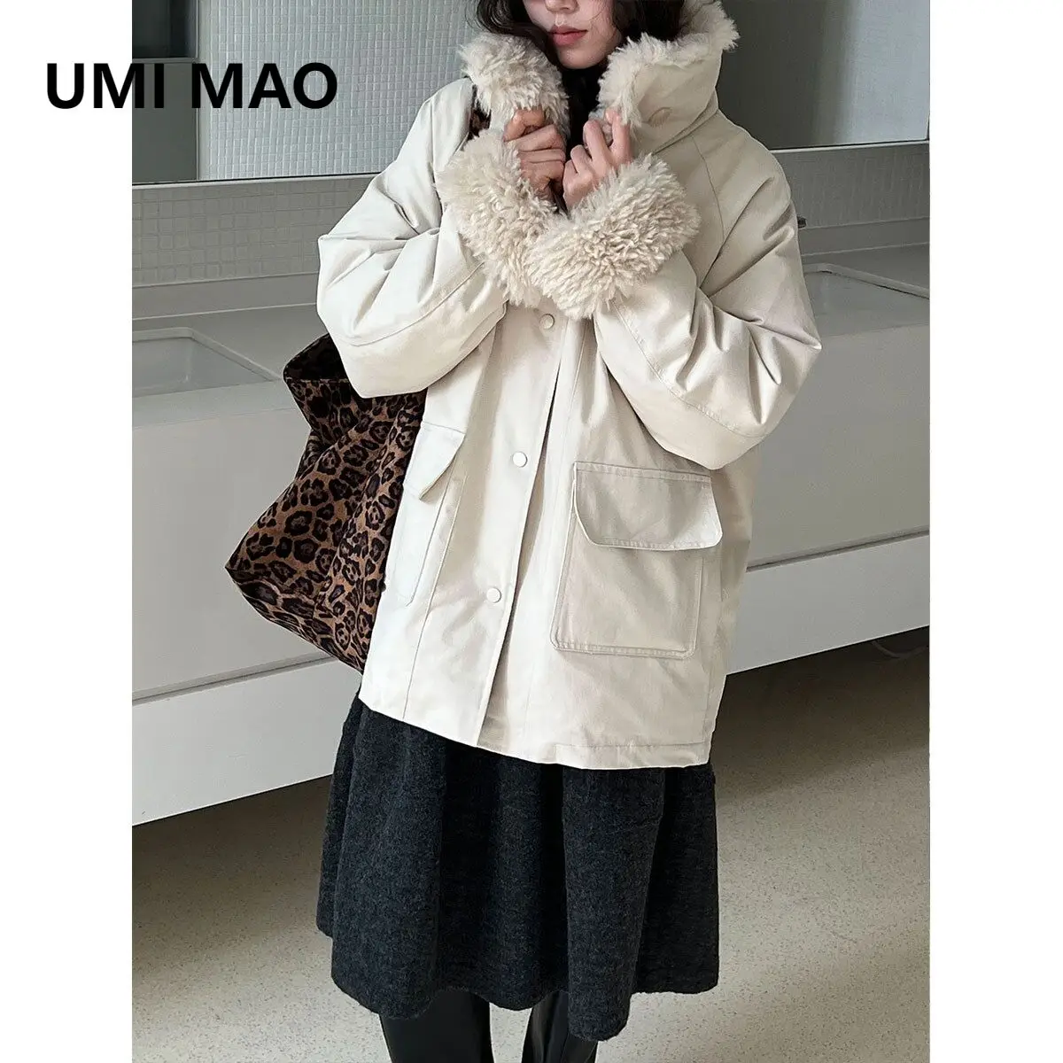 

UMI MAO Lamb Wool Lapel Parka 90% White Duck Down Jacket For Women Autumn Winter New Thickened Warm Down Coat Femme