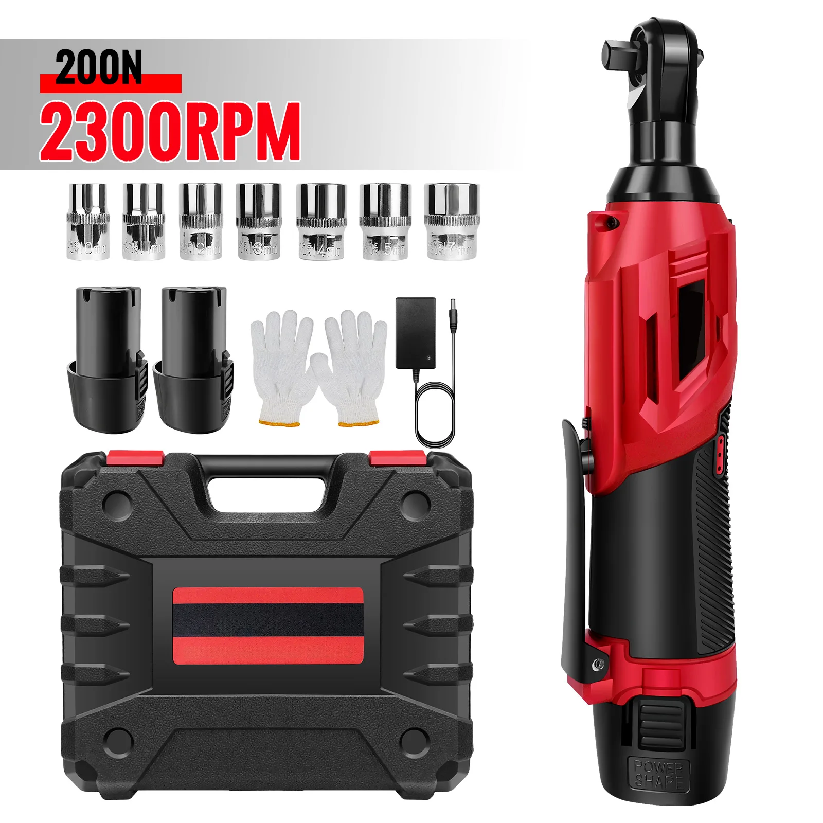 Clé à cliquet électrique sans fil 3/8, outil à cliquet 12V 200NM avec 2 piles 1300mAh 90 °   Clé d'angle, douilles 7 pièces