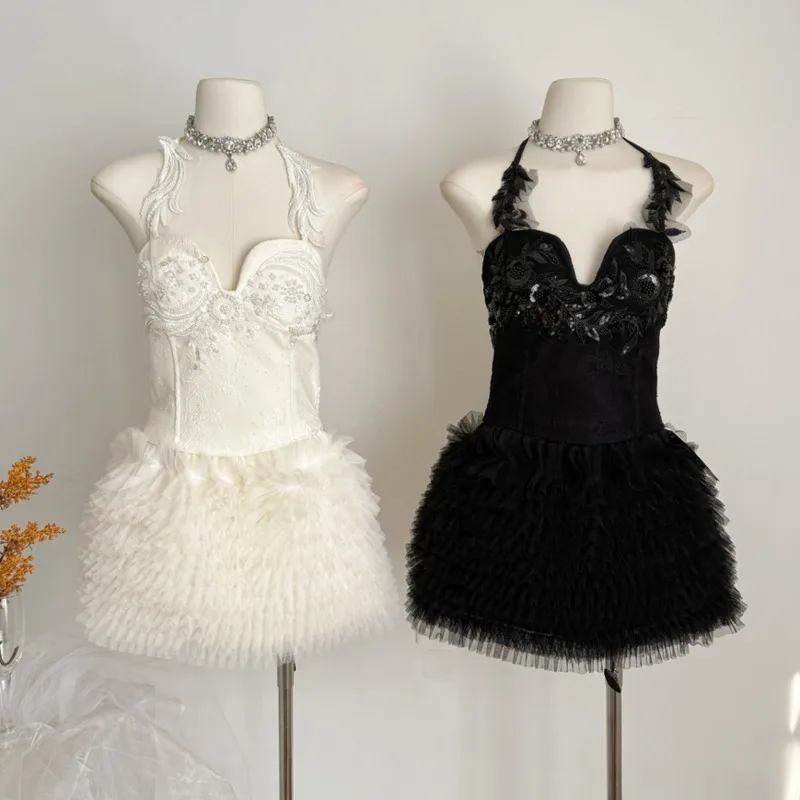 

Сексуальный модный комплект из двух предметов: кружевной топ с тяжелой вышивкой, сеткой, бисером и пайетками + мини-юбка из сетки с лоскутным дизайном, элегантный уличный наряд