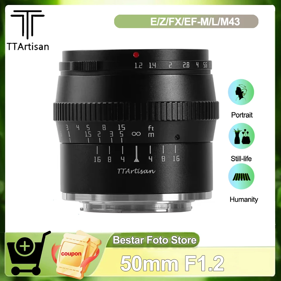 TTArtisan 50mm F1.2 MF APS-C Portrait Lens Large Aperture Applicable for Fuji X-A5 X-T10 Sony A6600 A7S A7SM3 Canon M5 Nikon Z5