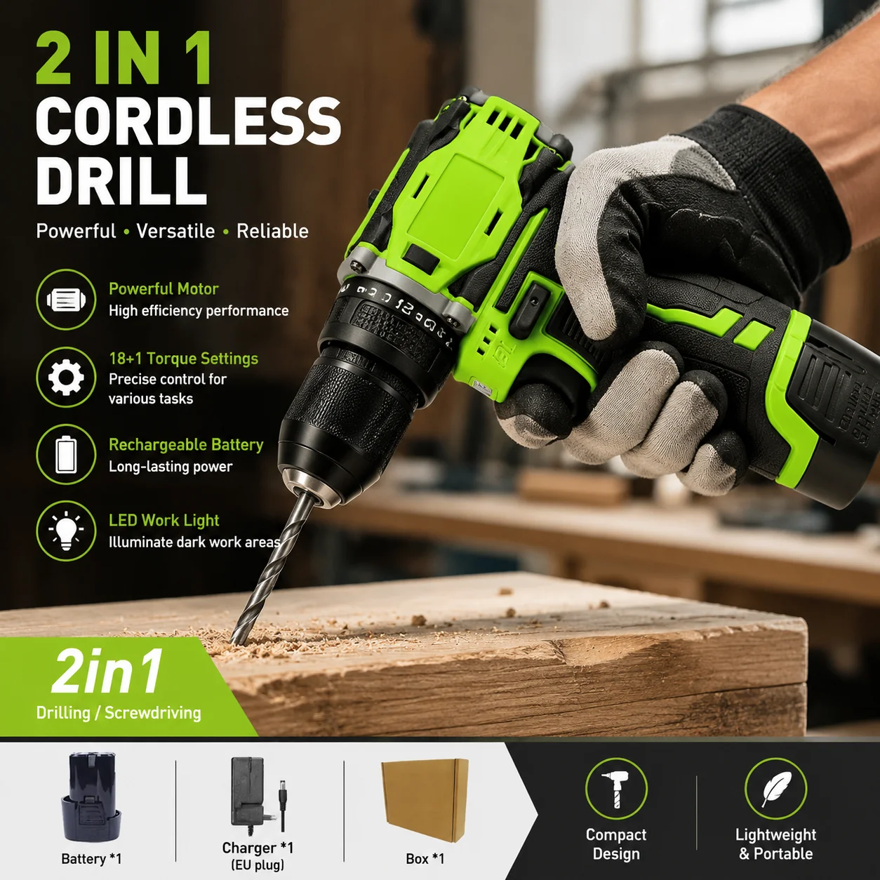2in1 Lithium Power Drill and Electric Screwdriver Brushless Motor 45Nm Torque cordless tool for DIY Home Renovation and Repairs