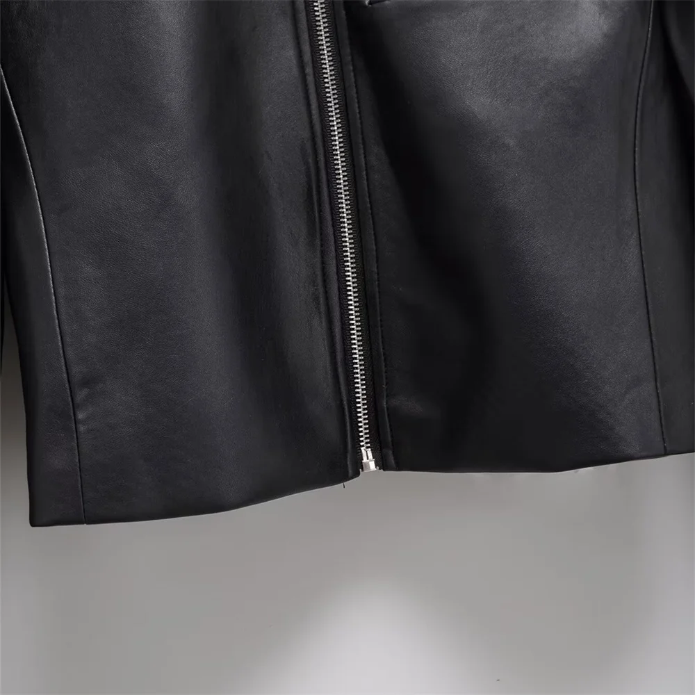 TRAF 2024 Autumn New Product Women\'s Versatile Collar Motorcycle PU Imitation Leather Jacket Short Coat