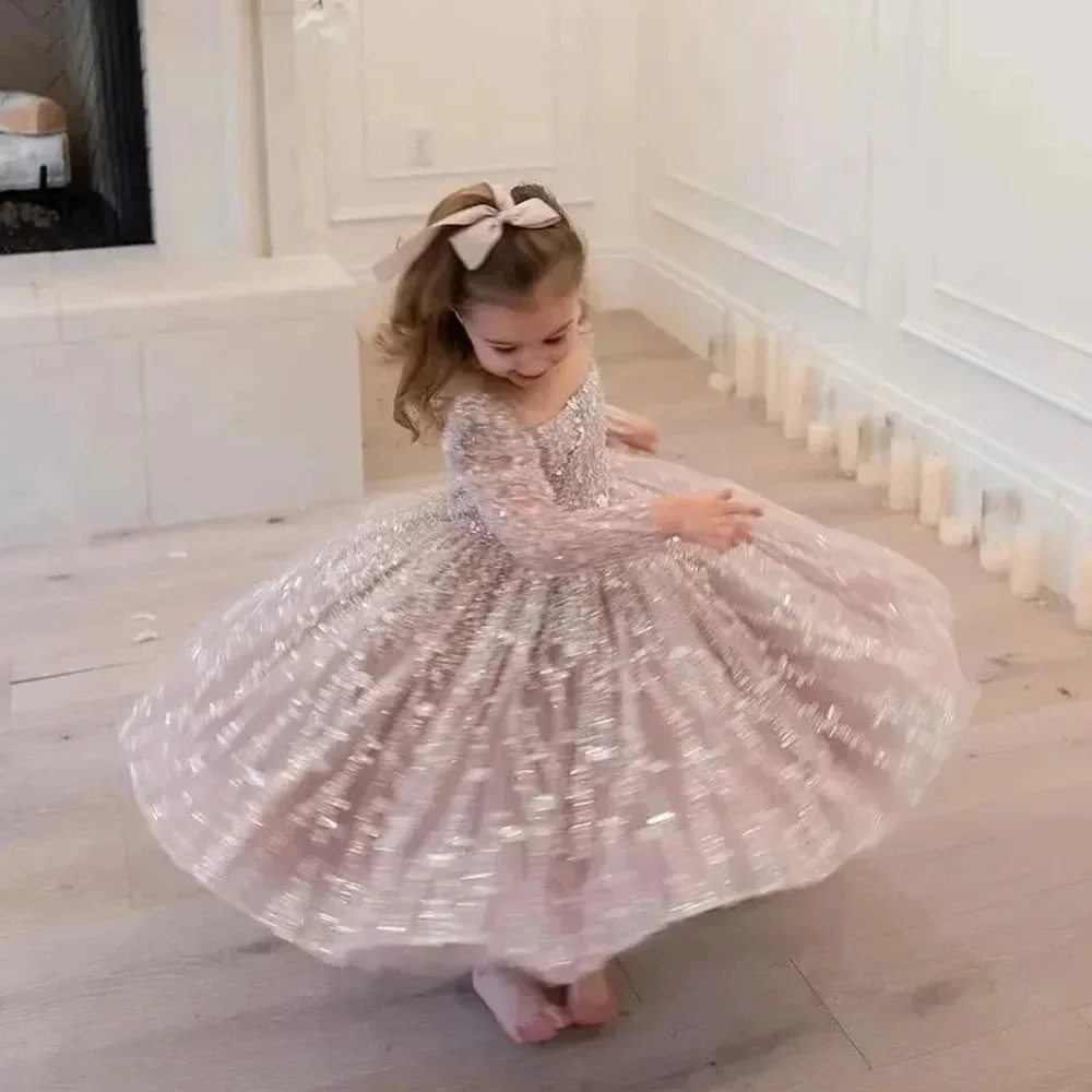 Wedding Party Gown Blush Pink Custom Flower Girl Dress First Christmas Dress Sequin Lace Long Sleeve Kids Evening Dress