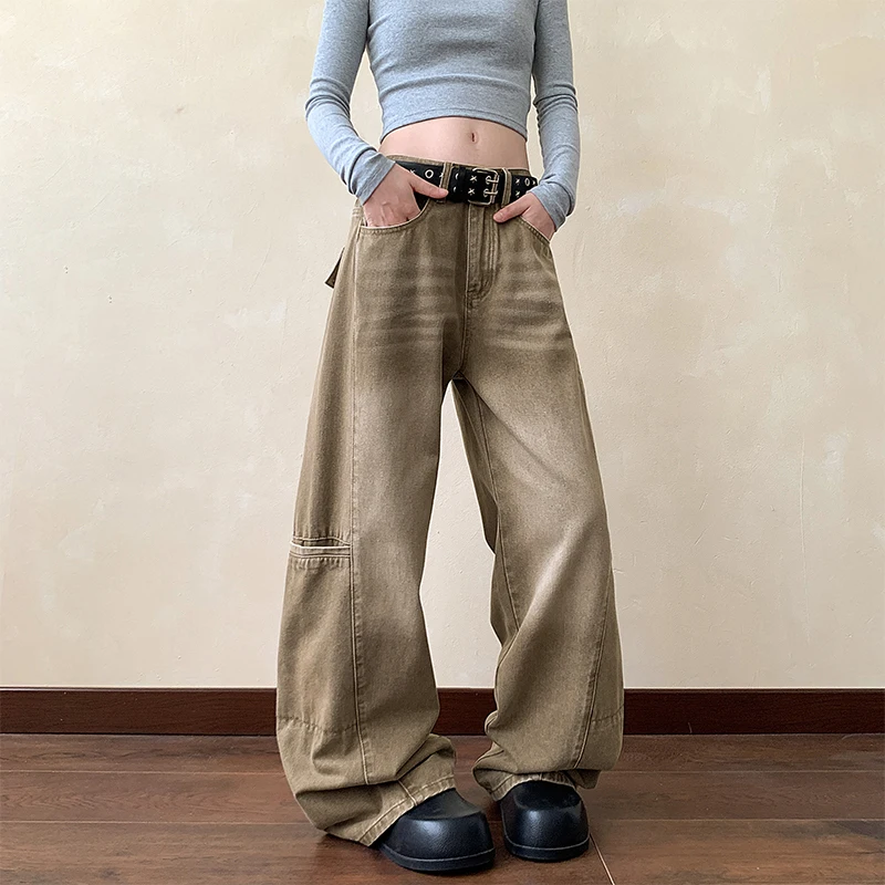 Baggy Jeans Men Distressed Wash Cargo Trousers Streetwear Wide Leg Drop Croch Hip Hop Joggers with Big Pockets for Teen Boys