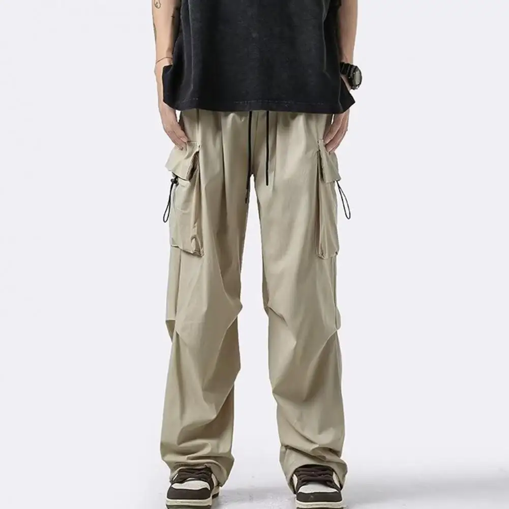 Men Straight Leg Pants Men's Multi-pocket Cargo Pants with Drawstring Decor Elastic Waist Solid Color Versatile for Wear