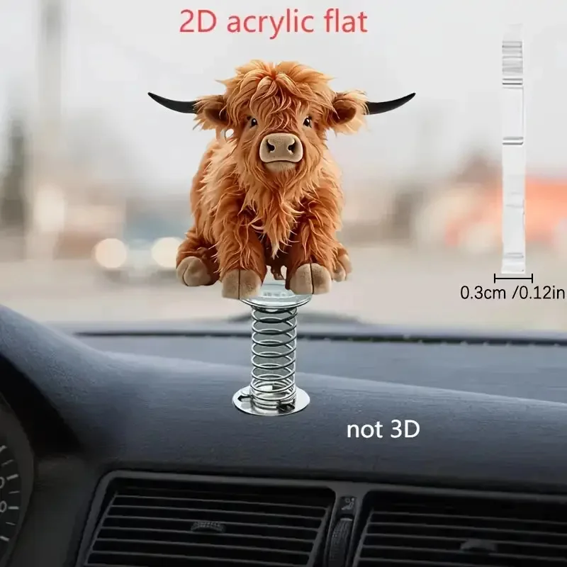 2D Flat Acrylic Highland Cow Car Decoration - Cute Brown and Black Spotted Design, Durable Dashboard Ornament, Suitable for Vehicle, Home, and Office Desktop Decoration, Unique Gift for Friends and Colleagues, Highland Cow Car Decoration, Car Decoration Items, Dashboard Decoration, Bicycle Decoration