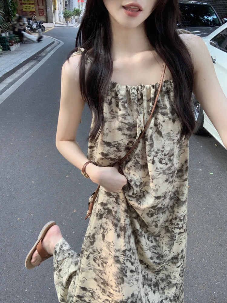 빈티지 잉크 그림 탱크 드레스 여성 여름 2024 새로운 느슨한 맞는 리본 우아한 가짜 바람 a 라인 롱 드레스 