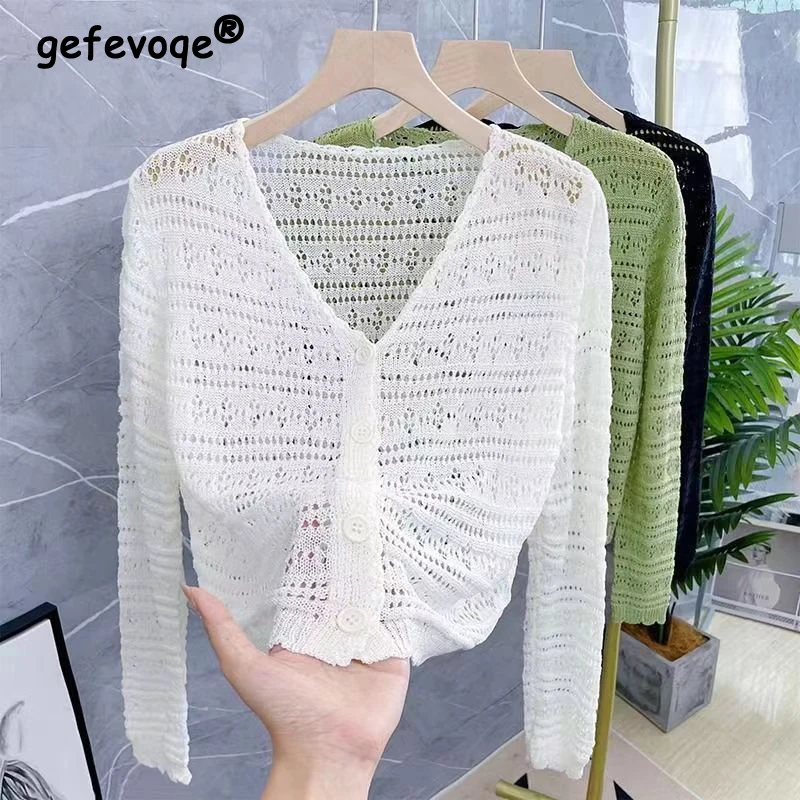 Women Sunscreen Clothing 2024 Summer Simple Casual Sexy Hollow Out Thin Knitted Jacket Female V Neck Long Sleeve Solid Slim Tops