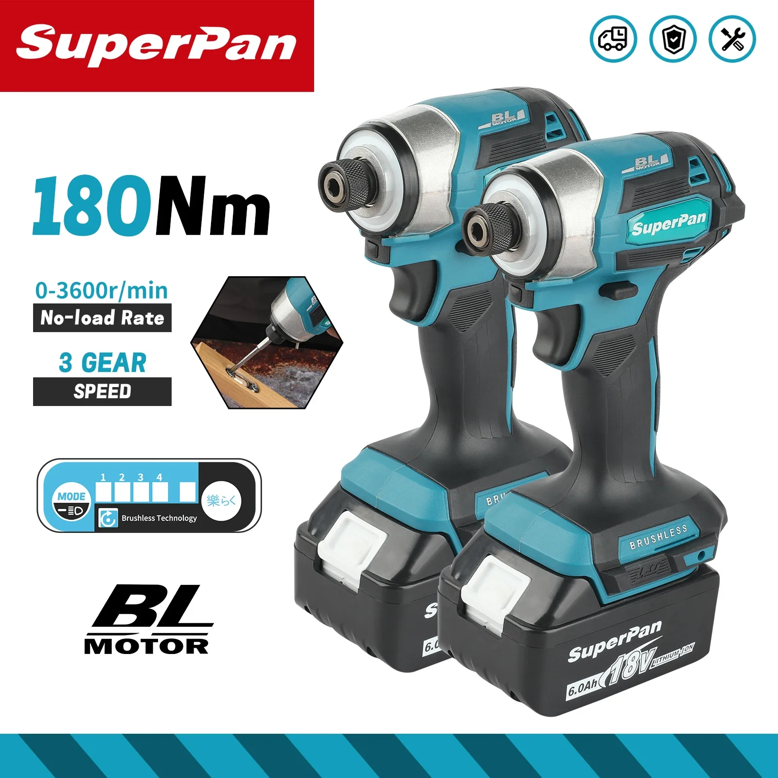 

SuperPan SP173 Impact Driver 180Nm Brushless Motor wrench impact wrench 3600rpm Cordless Drill Wood/Bolt/T-Mode Compatible