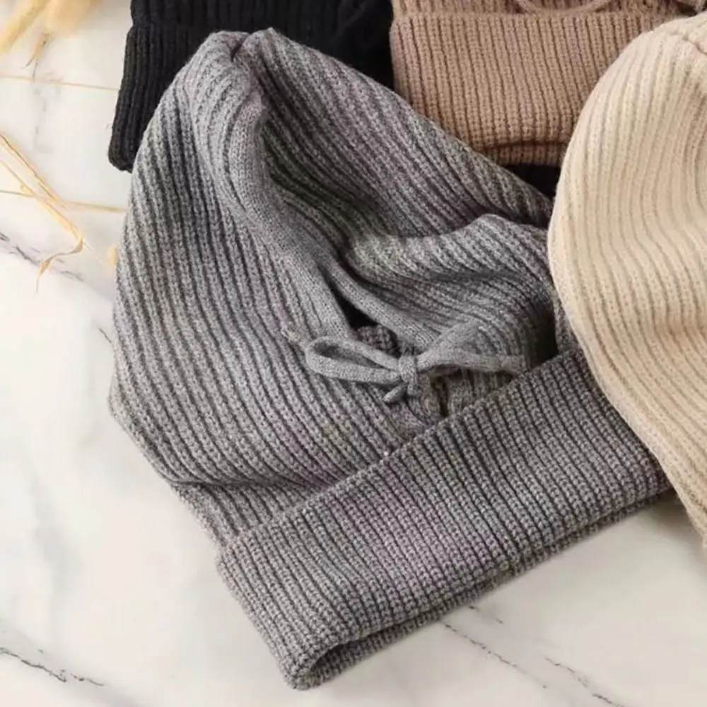

Casual Drawstring Balaclava Hat Windproof Woolen Knitted Hooded Cap Solid Color Keep Warm Neck Collar Beanies Cap Girl