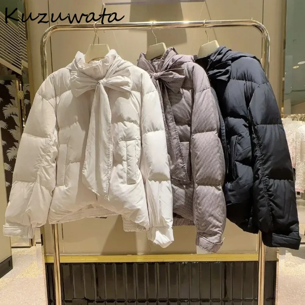 Kuzuwata New Winter Hooded Print Bow Lace Up Parkas Short Small Fellow Sweet Literary Down Coats Japan Unique Loose Moda Jacket